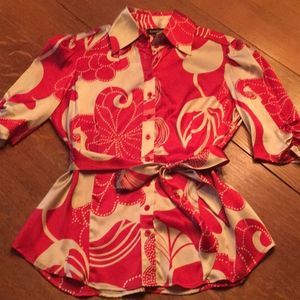 Bebe silk blouse with gathered sleeve red/cream